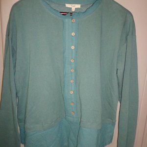NWT Easel Burnout Top Spruce Button Placket Mixed Material Long Sleeves Raw Edge